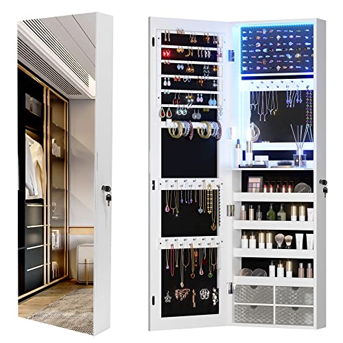 Vlsrka 47.2" LED Jewelry Mirror Cabinet, Wall/Door Mounted Jewelry Armoire Organizer with Full-Length Mirror, Large Capacity Storage Hanging Cabinet, 4 Drawers, 5 Shelves, Built-in Lighted Mirror