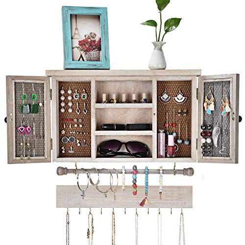 X-cosrack Rustic Hanging Jewelry Organizer,Wall Mounted Mesh Jewelry Holder,for Necklaces,Earings, Bracelets,Ring Holder,with Removable Bracelet Rod,Hooks,Wooden Barndoor Decor