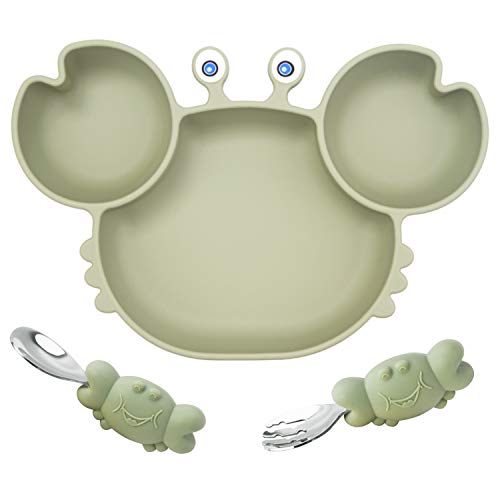 Silicone Suction Plate for Toddlers with Fork Spoon Set - Self Feeding Training Divided Plate Dish and Bowl for Baby and Toddler, Fits for Most Highchairs Trays (Green)