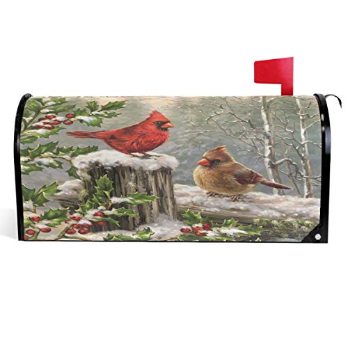 Wamika Winter Cardinal Birds Mailbox Cover Holly Berry Branches Snow Mailbox Covers Magnetic Mailbox Wraps Post Letter Box Cover Garden Home Christmas Decorations Standard Size 18" X 21"