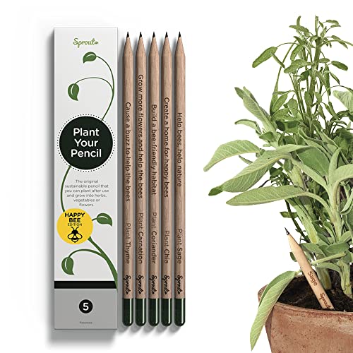 Sprout Pencils | Happy Bee Edition | Graphite Plantable Pencils with Bee-friendly Flower, Herb & Vegetable Seeds | Eco-Friendly Organic Wood | Prime Sustainable Gift with Inspirational Quotes | 5 Pack