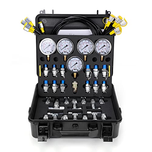Hydraulic Pressure Test Kit, 600bar /10000psi / 60Mpa 5 Gauges 13 Test Couplings 14 Tee Connectors 5 Test Hoses, Hydraulic Test Gauge kit for Excavator Construction Machinery