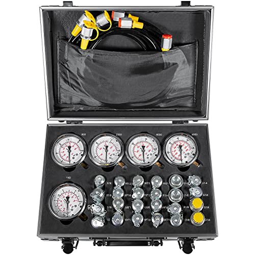 60P Hydraulic Pressure Test Kit Hydraulic Pressure Gauge Kit for Excavator Construction Machinery 5 Gauges 24 Couplings 3 Test Hoses 1/6/16/40/60Mpa 150/900/2300/6000/9000PSI