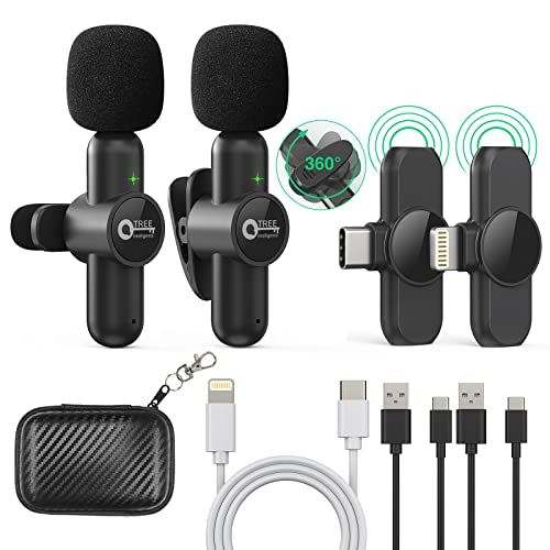 Wireless Lavalier Microphones for iPhone ipad Android, (2 Mics with 2 Receivers) 2.4Hz QTREE Plug-Play Reverberation,Auto-Sync Lapel Microphone for Facebook, YouTube,TikTok,Video Recording,Vloggers