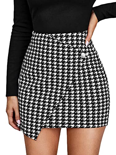 OYOANGLE Women's High Waist Work Houndstooth Print Asymmetrical Button Elegant Bodycon Mini Short Skirts Black and White S