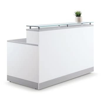 nbf signature series Esquire Glass Top Reception Desk - 63" W x 32" D White Laminate/Silver Laminate Desktop Kickplate and Accents/Glass Top