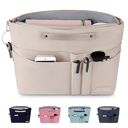 HyFanStr Purse Organizer Insert for Handbags,Tote Bag Organizer Insert Zipper Bag for Women, Handbag Organizer Inside Liner with 15 Pockets, Beige L