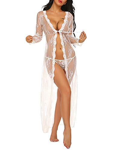 Avidlove Lace Kimono Lingerie Sexy Robe Gown Dress See-Through Coverup Babydoll White M