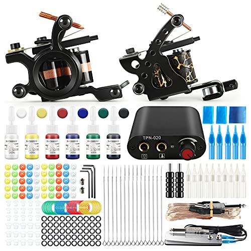 Tattoo Kit Complete Tattoo Gun Kit for Beginners 2 Pro Coil Guns Tattoo Supplies 6 Colors Tattoo Ink Tattoo Supplies Kit Tattoo Tips Tools for Tattoo Lining and Shading for Body Art Professional