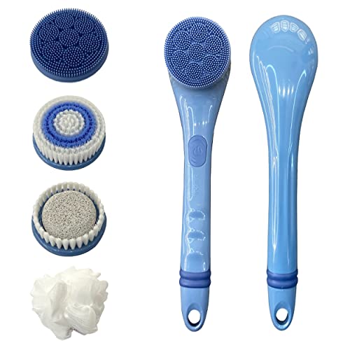 Blushly Battery Powered Body Brush, with 4 Cleansing Brush Heads, Exfoliating Body Brush, 14 inches (Blue)