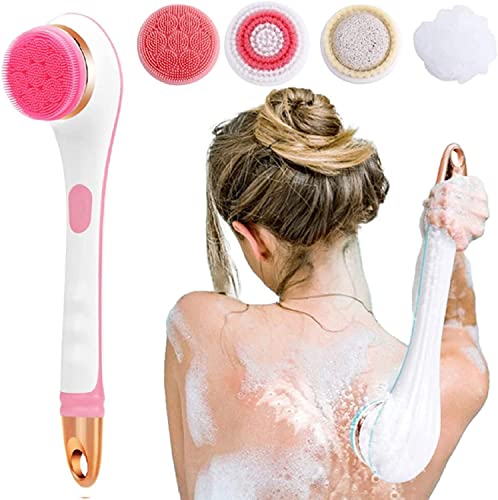 Body Brush Rechargeable, Electric Body Brush Set, Scrubber Shower Brush with Long Handle, Spin Skin Brush with 4 Brush Heads for Cleanse, Massage, exfoliate and Pamper Your Skin in The Shower (Pink)