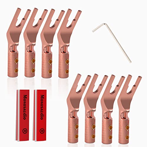 Monosaudio 8Pcs Pure Copper Speaker Spade Connectors,Screw Locking Speaker Wire Connector,Fork Spade Plug 45 Degree for Speaker Wire DIY (with 8 Heat Shrink Tubes) (Pure Copper)