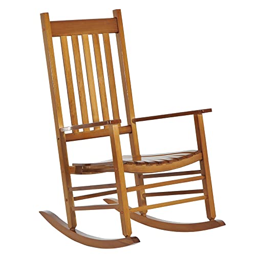 Outsunny Outdoor Rocking Chair, Wooden Rustic High Back All Weather Rocker, Slatted for Indoor, Backyard & Patio, Natural