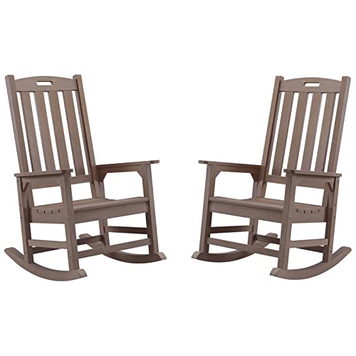 Psilvam Patio Rocking Chairs Set of 2, Poly Lumber Porch Rocker with High Back, 350Lbs Support Rocking Chairs for Both Outdoor and Indoor, Poly Rocker Chair Looks Like Real Wood (2, Brown)