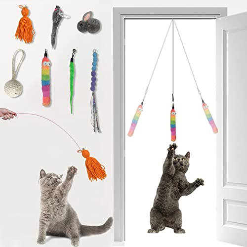 PEMOO Cat Toys Door Hanging Cat Toy[9PCS Cat's Favorite Toy Collection/Two Ways to Play] Interactive Cat Toy Replaceable Elastic String Little Mouse Toys for Indoor Cats KittenToys