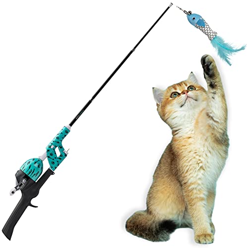 Cat Caster Fishing Pole Toy | Tangle Free, Retractable & Easy to Store. Includes Two Interchangeable Teaser Toys | The Ultimate Gift for Kitty Lovers, Fish Bone