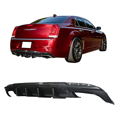 IKON MOTORSPORTS, Rear Diffuser Lip Compatible With 2015-2023 Chrysler 300, IKON V1 Style Carbon Fiber Print PP Rear Bumper Lower Lip Shark Fin Splitter Part 2pcs, 2016 2017 2018 2019 2020 2021