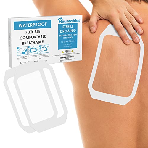 Houseables Waterproof Bandages Film, Transparent Dressing, Skin Shield Patches, 6x8 Inch, Clear, 10 Pack, Wound Cover Bandage, Adhesive Dressings Pad for Swimming, Post Surgical, Tattoo, Catheter, IV