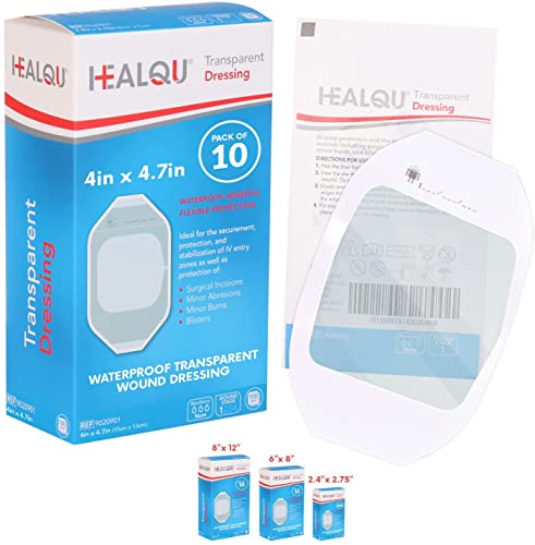 HEALQU Transparent Film Dressing, 4" x 4.7" Pack of 10 Waterproof Wound Bandage Adhesive Patches, Post Surgical Shower or IV Shield, Tattoo Aftercare Bandage by Healqu