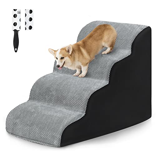 HAITRAL 4 Tiers Extra Wide Dog Steps, Pet Stairs-High Density Foam Dog Ladder Ramp for Bed or Couch,Non-Slip Dog Stairs for Short Leg Dogs,Older/Injured Pets,with Lint Roller 2 Refills Gray/Black
