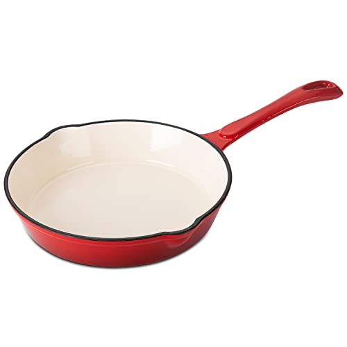 Hamilton Beach Enameled Cast Iron Fry Pan 8-Inch Red, Cream Enamel coating, Skillet Pan For Stove top and Oven, Even Heat Distribution, Safe Up to 400 Degrees, Durable and Dishwasher Safe