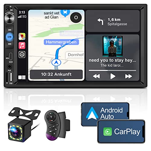 7 Inch Double Din Car Stereo with Apple Carplay & Android Auto,Voice Control,HD LCD Touchscreen Monitor,Bluetooth,Subwoofer,Type-C/USB/TF Port/AUX,A/V Input,SWC,Backup Camera,AM/FM Car