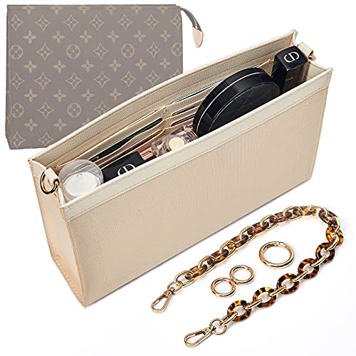 Vercord Purse Insert Organizer 26 Toiletry Pouch Insert with Leopard Acrylic Chain Strap Beige L