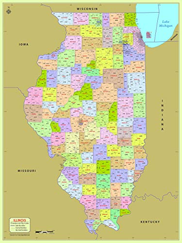 Illinois County with Zip Code Map (36" W x 48" H)