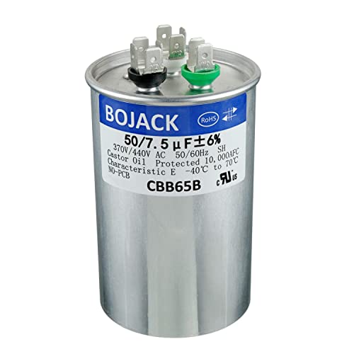 BOJACK 50+7.5 uF 50/7.5 MFD 6% 370/440 V AC CBB65 Dual Run Circular Start Capacitor for AC Motor Run or Fan Start or Condenser Straight Cool or Heat Pump Air Conditioner