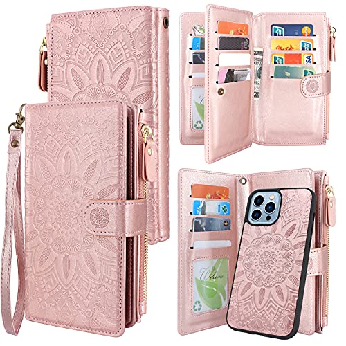 Harryshell Compatible with iPhone 13 Pro Max 6.7 inch 5G 2021 Wallet Case Detachable Magnetic Cover Zipper Cash Pocket Multi Card Slots Holder Wrist Strap Lanyard Floral Flower (Rose Gold)