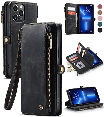 Defencase for iPhone 13 Pro Max Case, iPhone 13 Pro Max Case Wallet for Women Men, Durable PU Leather Magnetic Flip Lanyard Strap Wristlet Zipper Card Holder Phone Cases for iPhone 13 Pro Max, Black