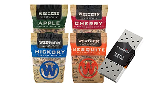 MIJIG Western BBQ Premium Wood Smoking Chips Variety (Pack of 4) Bundled with ProGrilla Smoker Box