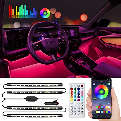 Interior Car LED Strip Lights, icicar 4PCS APP Control Car LED Lights, Waterproof Multicolor Music Sync Under Dash LED Lights for Car Interior, Car Charger Included, DC 12V