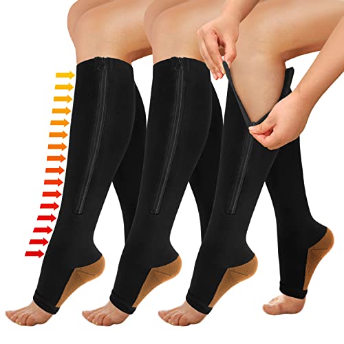 3 Pairs Zipper Copper Compression Socks for Women Men, Open Toe Medical Compression Knee High Stockings for Circulation Support,Copper Black,L-XL