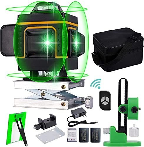 16 Lines 4D Laser Level Self-Leveling 4x360 Horizontal & Vertical Cross line Rechargeable line Laser Green Beam Magnetic Lifting Base for Indoor Outdoor 13 pcs Set