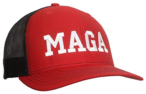 Tropic Hats Adult Embroidered Trump MAGA 6 Panel Trucker Cap W/Snapback - Red/Black