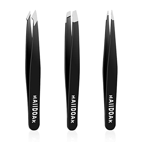 Tweezers Set, Professional Stainless Steel Tweezers for Eyebrows, Great Precision for Facial Hair, Splinter and Ingrown Hair Removal (3 Count / 3.8inch, Black)