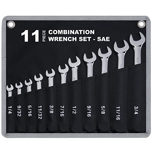 11-Piece SAE Combination Wrench Set in Roll-up Pouch, Non-Skip Inch Sizes 1/4 to 3/4 | Chrome Vanadium Steel with Mirror Finish | Ideal for General Household, Garage Workshop, Auto Repairs and More