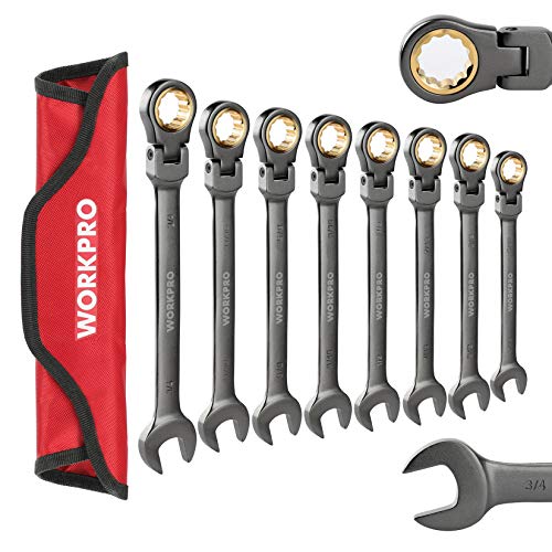 WORKPRO 8-piece Flex-Head Ratcheting Combination Wrench Set, SAE 5/16-3/4 in, 72-Teeth, Cr-V Constructed, Nickel Plating with Organizer Bag