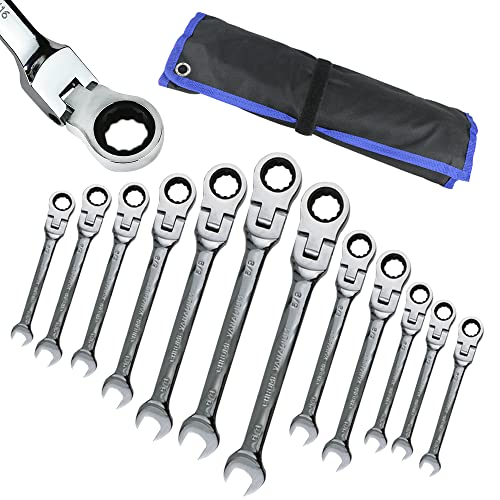 TR TOOLROCK 12pcs SAE Flex-Head Ratcheting Wrench Set, 1/4" to 7/8" Ratchet Combination Wrenches Chrome Vanadium Steel Construction with Organizer Bag