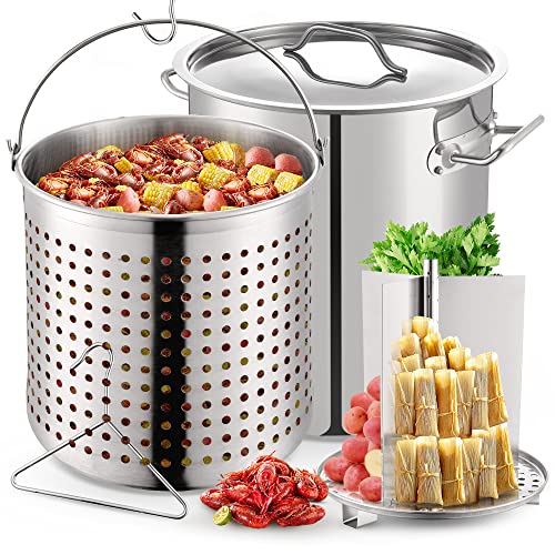 ARC 64-QT Large Stainless Steel Stockpot for Seafood Boiler Crawfish Pot w/Basket and Steamer Rack, Outdoor Cooking Pot for Crab Lobster Shrimp Boiling, and Tamales Steamer,16 Gal