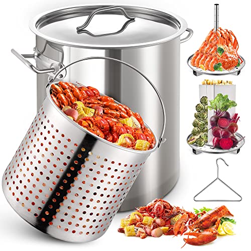 ARC 40QT Stainless Steel Stockpot 6-Piece For Seafood Boil Crawfish Boil Pot,Crab Boil Shrimp Boil Turkey Fryer Pot with Basket Divider and Hook, Lobster Tamale Steamer Pot Outdoor Cooking And Home Brewing