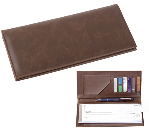 2FOLD Business Size and Travelers Check Large Checkbook Cover for Side and Top Tear Checks - Synthetic Leather Feel Check Book Cover with Built in Duplicate Check Sleeve and Pockets - Dark Brown