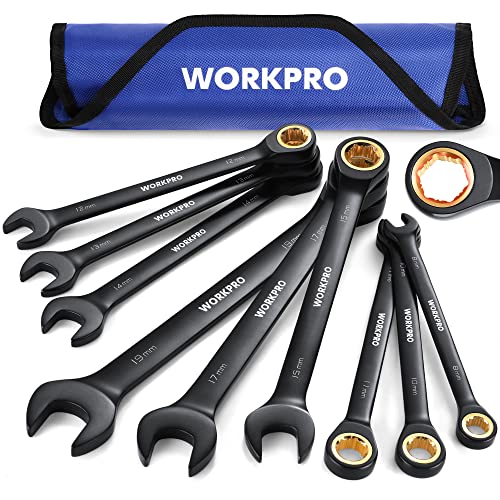 WORKPRO 9-Piece Anti-Slip Ratcheting Combination Wrench Set, Metric 8-19 mm, 72-Teeth, Cr-V Constructed, Black Ratchet Wrenches Set with Roll Up Pouch