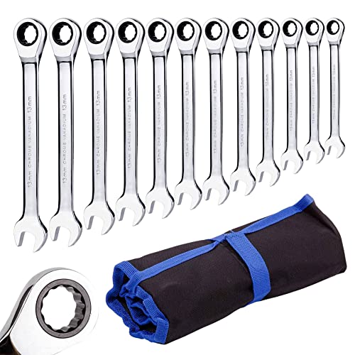 Qnkaa Ratchet Wrench Set Metric Spanner Kit 12 Piece 8-19mm, Roll Bag Packed, Perfect for Home, Bike, and Car Repair