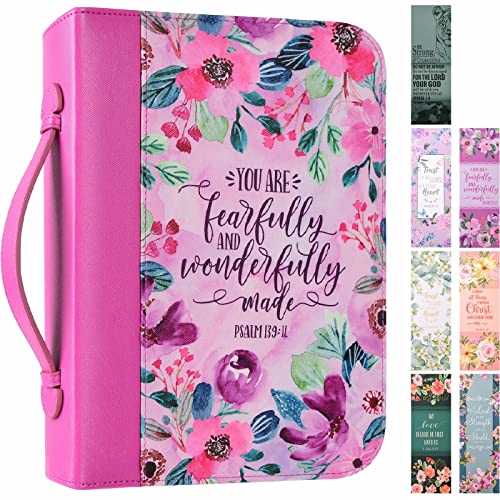 Bible Cover Case for Women with 7 Paper Bookmarks Sets Floral PU Leather Bible Cover Bag with Pockets and Zipper for Standard and Large Size Study Bible 10.8"x7.7"x2" (Purple Floral)