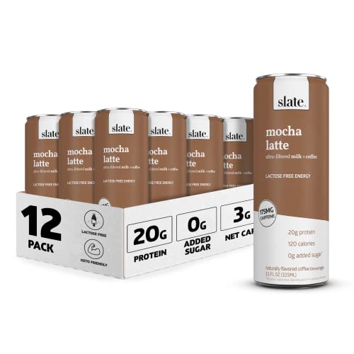 Slate Milk - High Protein Shake, Mocha Latte, 20g Protein, 0g Added Sugar, 175mg Caffeine, Lactose Free, Keto, All Natural (11 oz, 12-Pack)