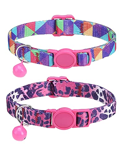 SOLMOONY Cute Cat Collar for Girl Boy,Colorful Breakaway Cat Collars with Bell 2 PackAdjustable Printed Nylon with Safety Buckles Kitten Collar (Leopard Print)