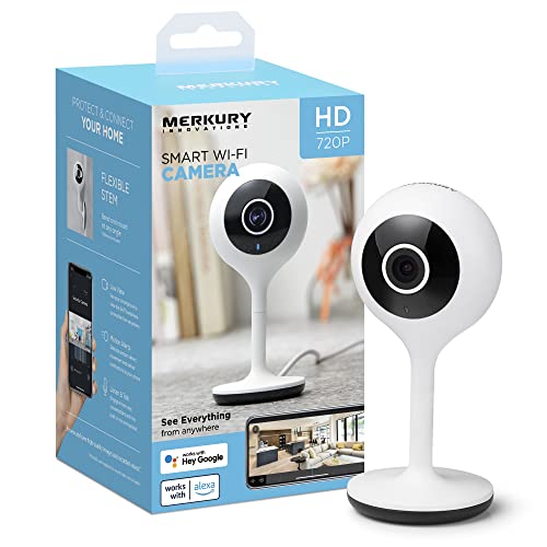 Merkury Innovations Indoor Smart Security Camera, 720P Wi-Fi Camera HD Surveillance with Voice Control, 2-Way Talk, Night Vision, No Hub Required, Requires 2.4GHz WiFi, White (1 Pack)