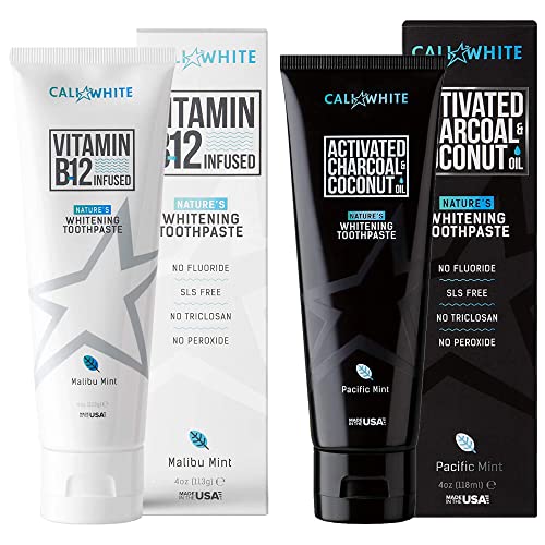 Cali White Morning & Night Time Organic Toothpaste Combo Pack - Activated Charcoal Toothpaste to Remove Stains at Night & Natural Whitening Toothpaste with B12 to Increase Energy Levels